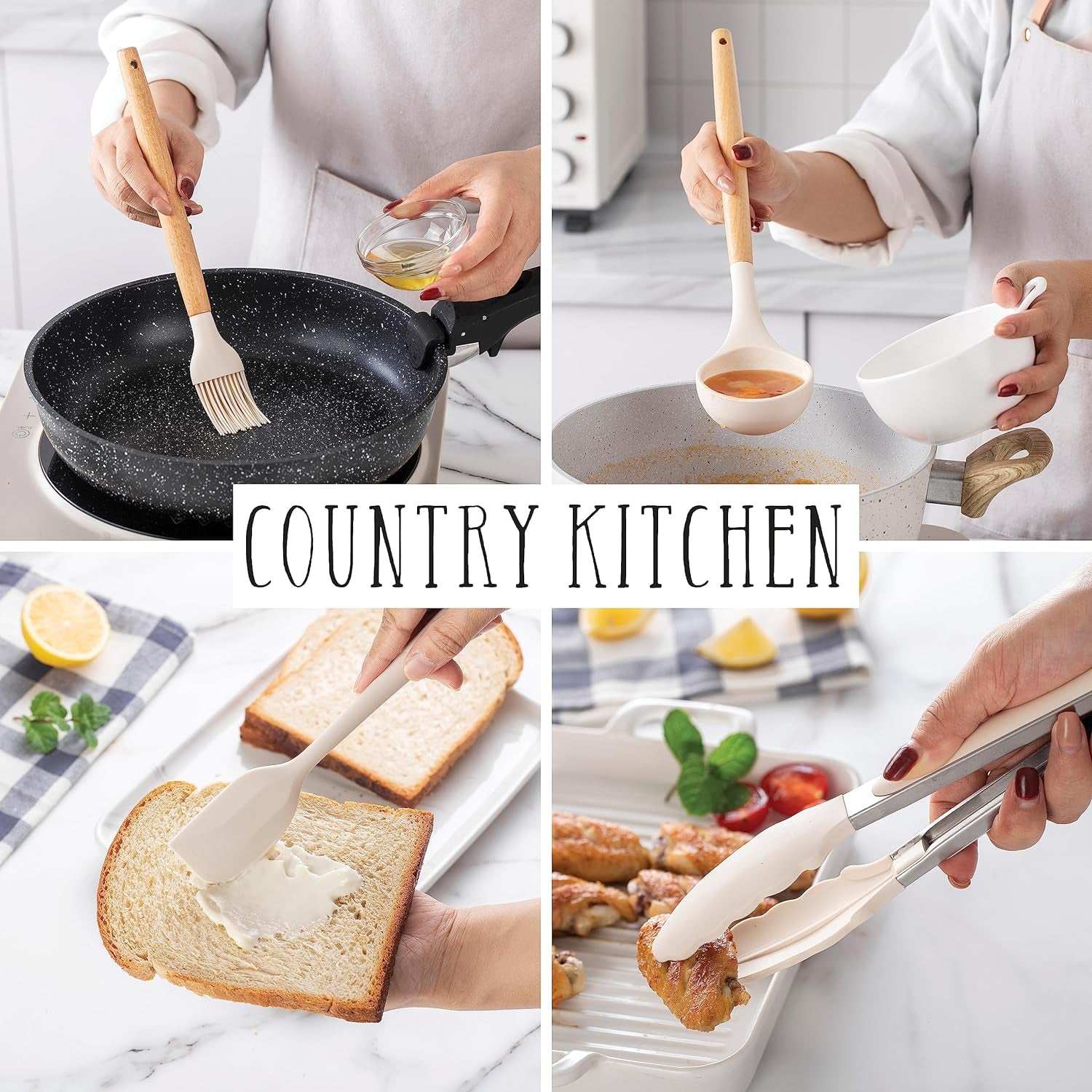 Cooking Utensils Set - 38 Pcs Non-Stick Silicone Spatula Set with Holder, Wooden Handles and Heat Resistant Gadgets Utensil