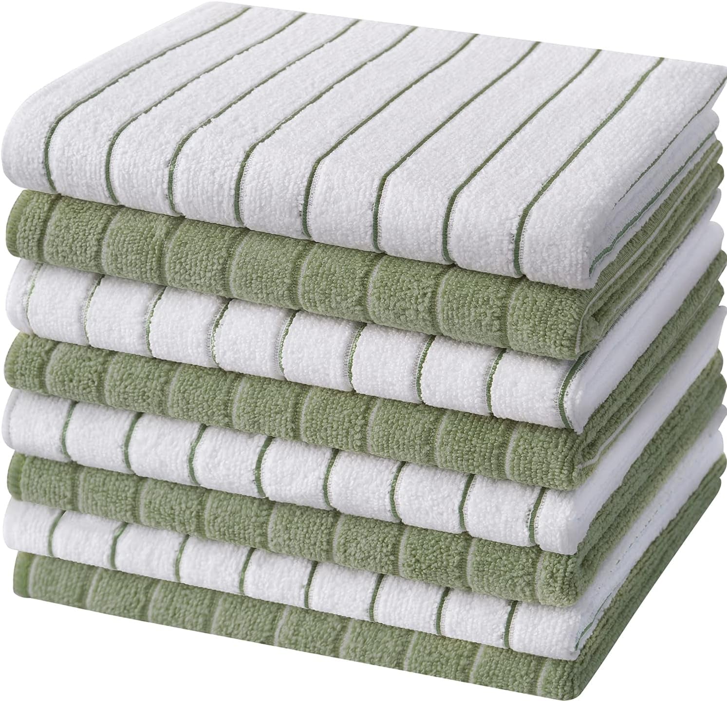 Microfiber Kitchen Towels, Stripe Designed, Super Soft and Absorbent Dish Towels, Pack of 8, 18 X 26 Inch, Green and White