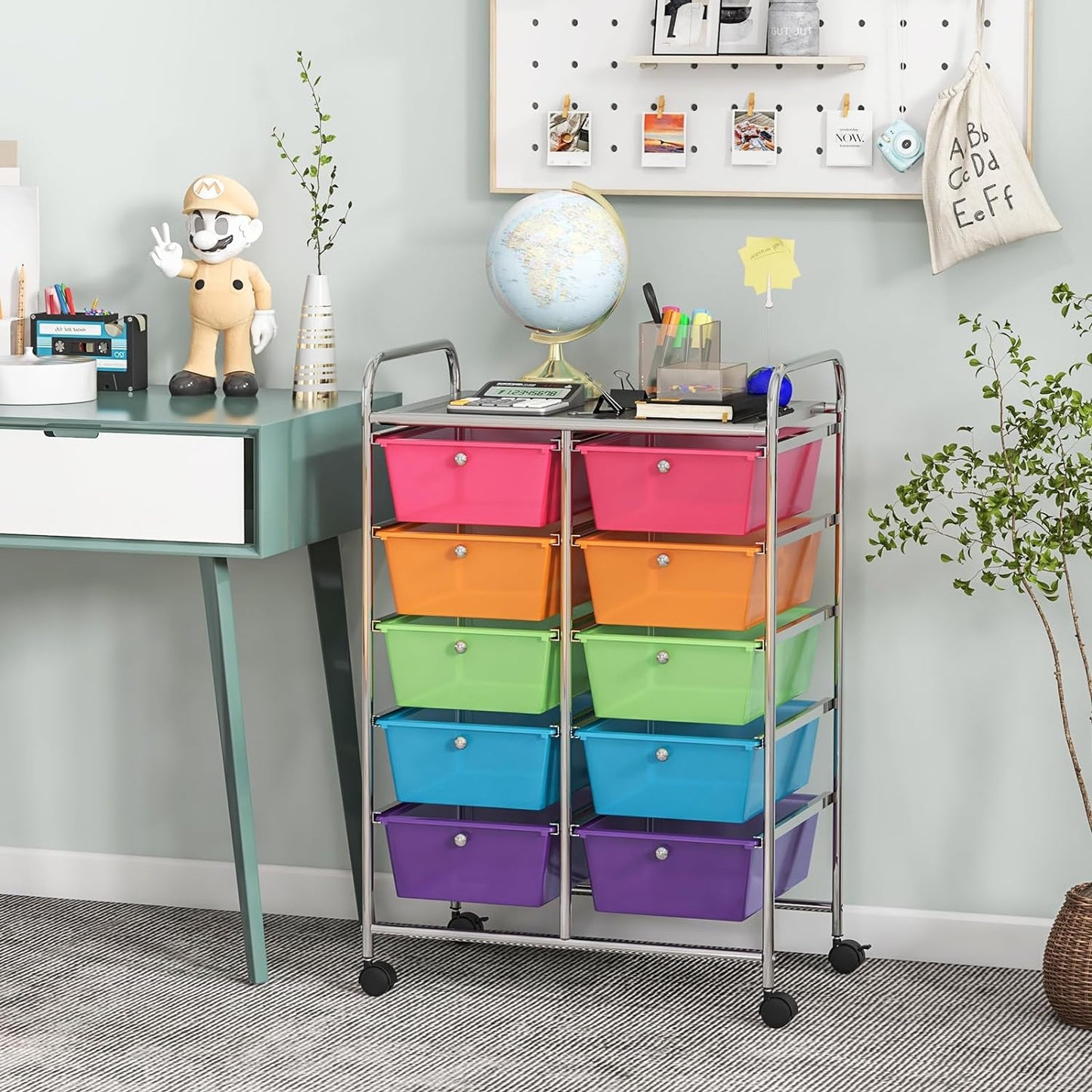 10 Drawers Rolling Cart, Classroom Organizers, Storage Cart with Wheels, for Teacher Office Home School Supplies Tool Craft Art Paper