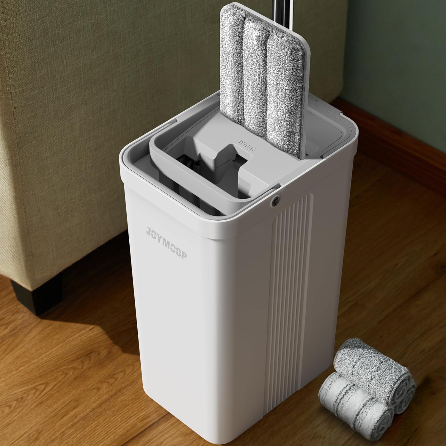 Mop and Bucket with Wringer Set for Home, Flat Mop and Bucket System, Mops for Floor Cleaning and Wall Cleaner, with 3 Reusable Microfiber Mop Pads