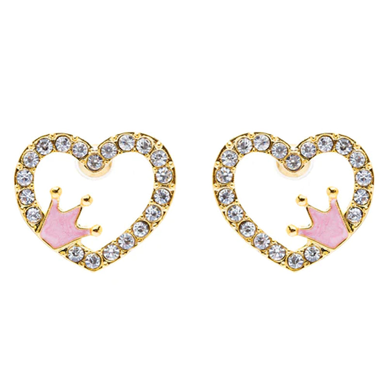 Sparkle Heart Shape with Crown Fashion Medium Stud Earrings Valentine Love Gold