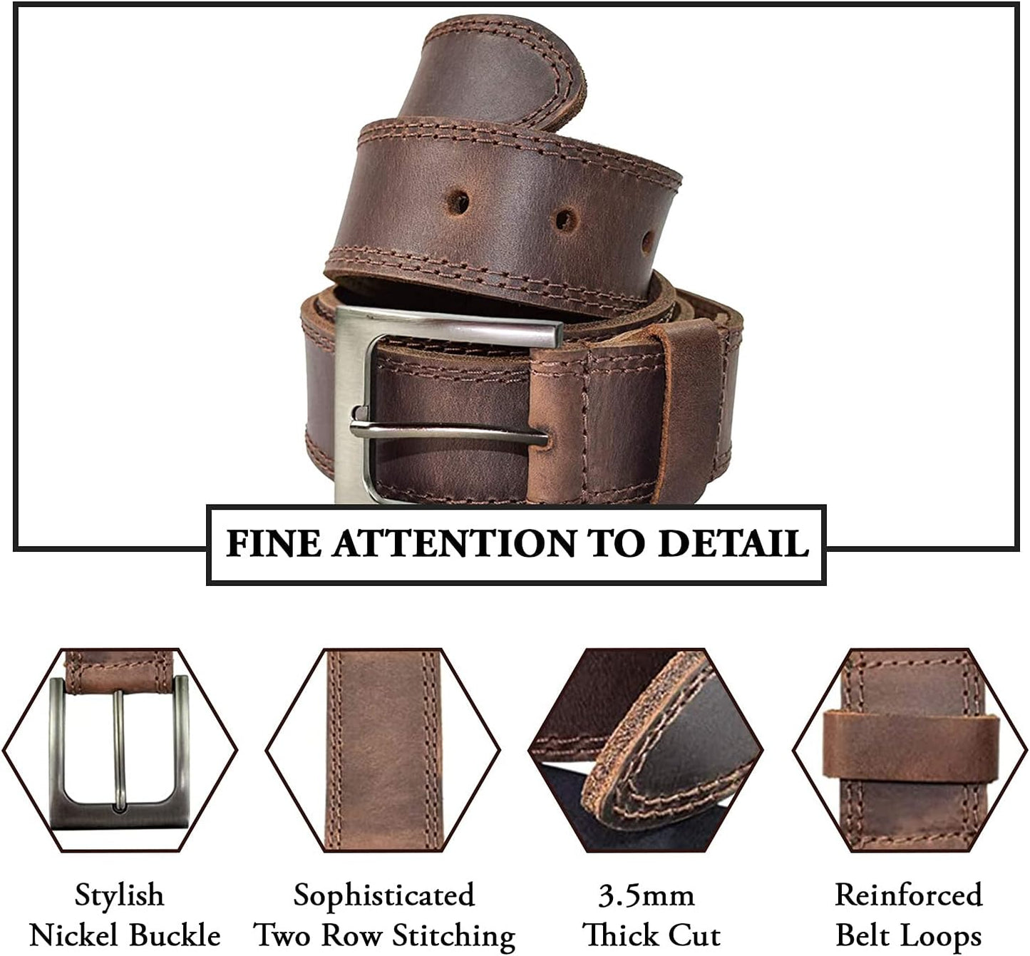 , Men'S Double Row Stitch Full Grain Leather Belt, Western Style, Cowboy Casual Accessory, Handmade