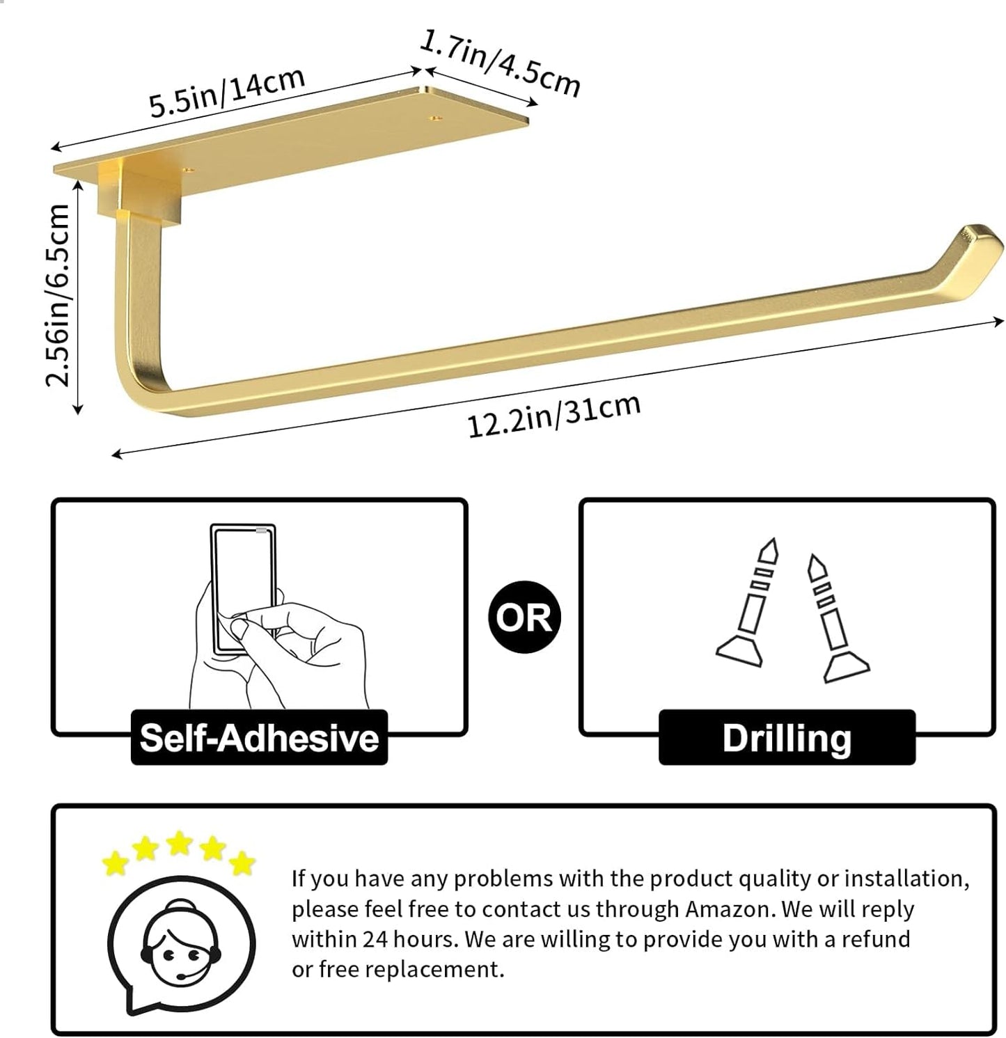 Paper Towel Holder - Self-Adhesive or Drilling, Gold Wall Mounted Paper Towel Rack under Cabinet for Kitchen, Upgraded Aluminum Kitchen Roll Holder - Lighter but Stronger than Stainless Steel!