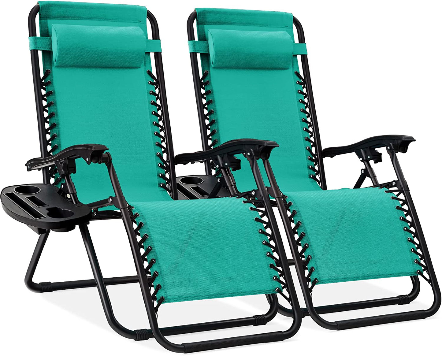Set of 2 Adjustable Steel Mesh Zero Gravity Lounge Chair Recliners W/Pillows and Cup Holder Trays - Mint
