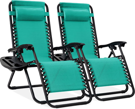 Set of 2 Adjustable Steel Mesh Zero Gravity Lounge Chair Recliners W/Pillows and Cup Holder Trays - Mint
