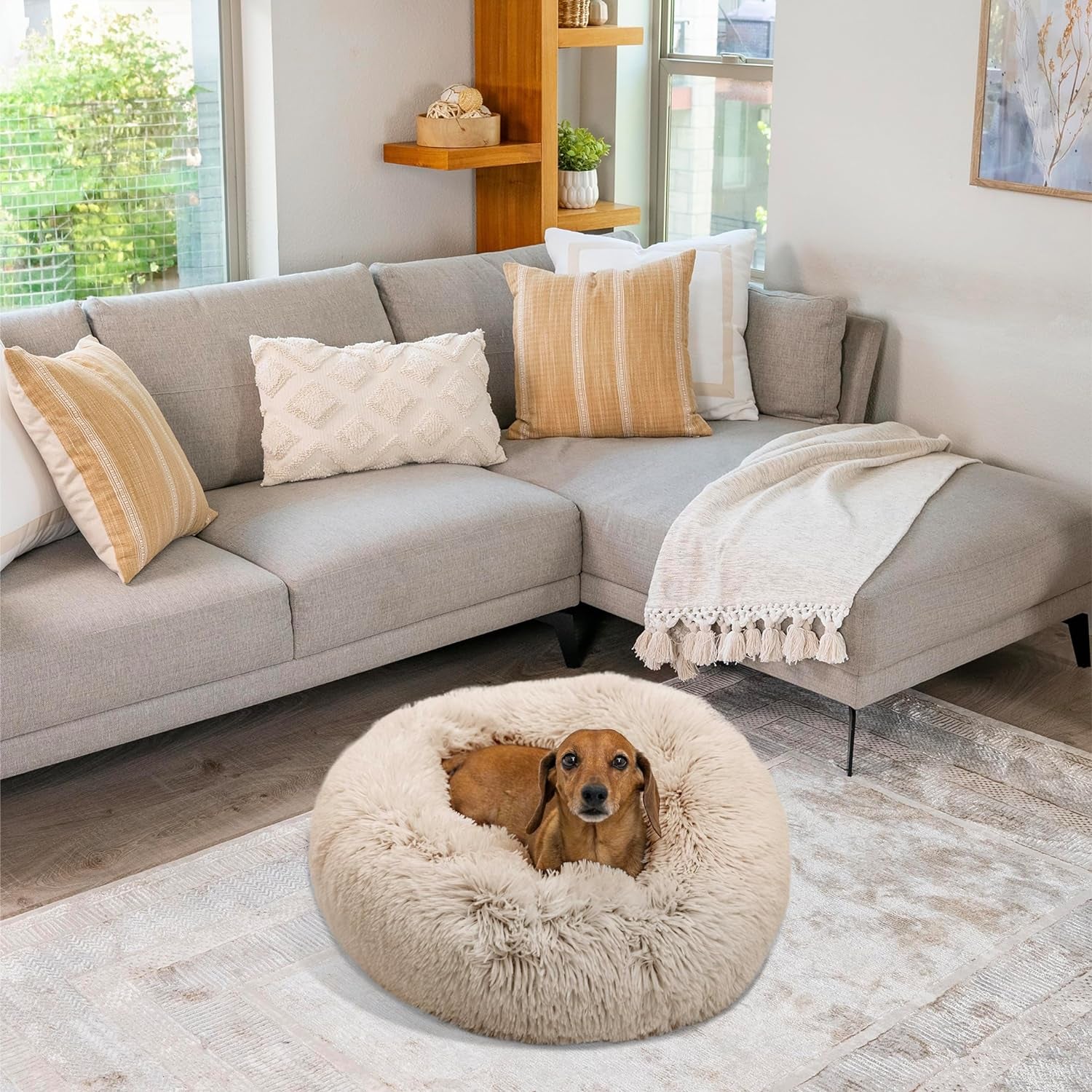 the Original Calming Donut Cat and Dog Bed in Shag Fur Taupe, Small 23"