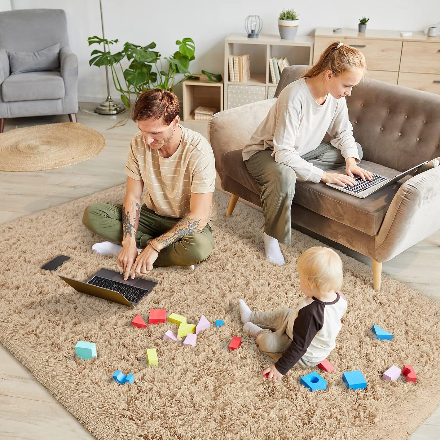 Fluffy Large Area Rugs for Bedroom Living Room, 5.3X7.5 Beige Soft Shag Furry Shaggy Modern Area Rugs Washable Non Shedding Indoor Fuzzy Rugs Carpets for Kids Girls Room Home Decor