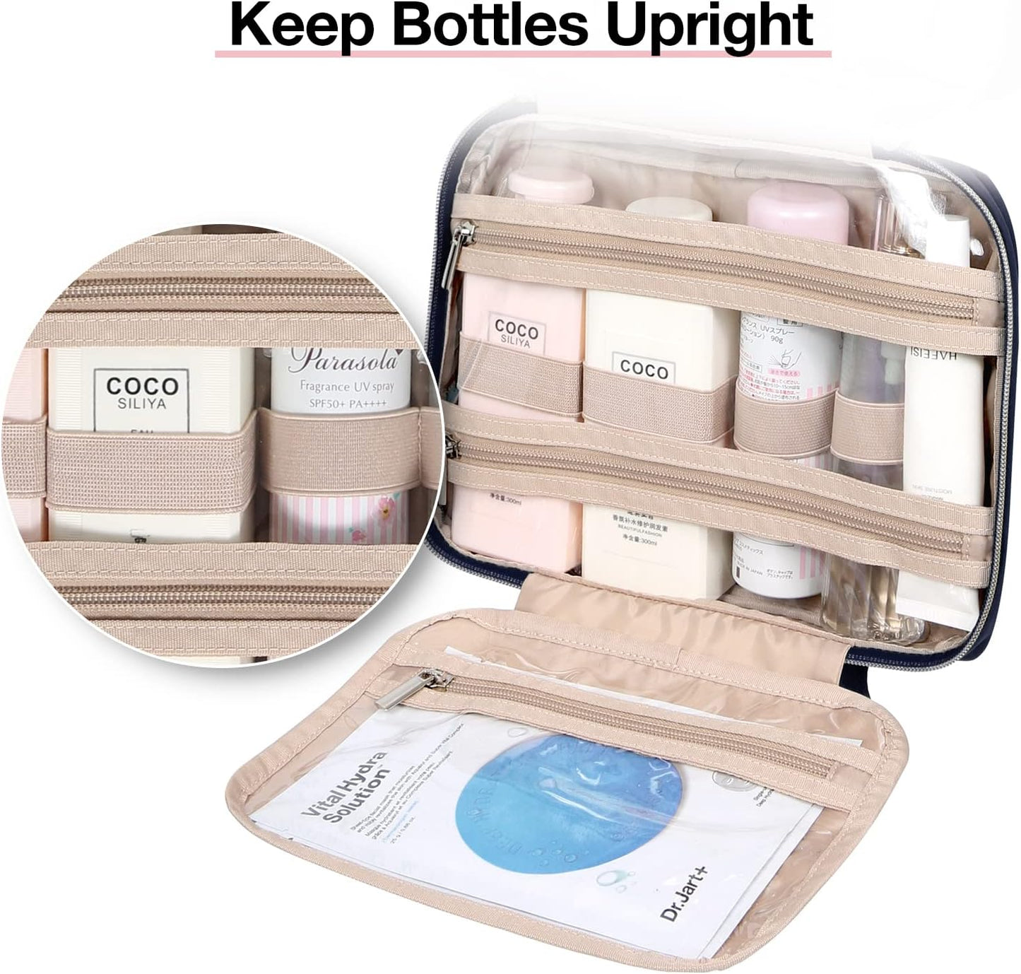 Toiletry Bag Hanging Travel Makeup Organizer with TSA Approved Transparent Cosmetic Bag Makeup Bag for Full Sized Toiletries, Large-Navy
