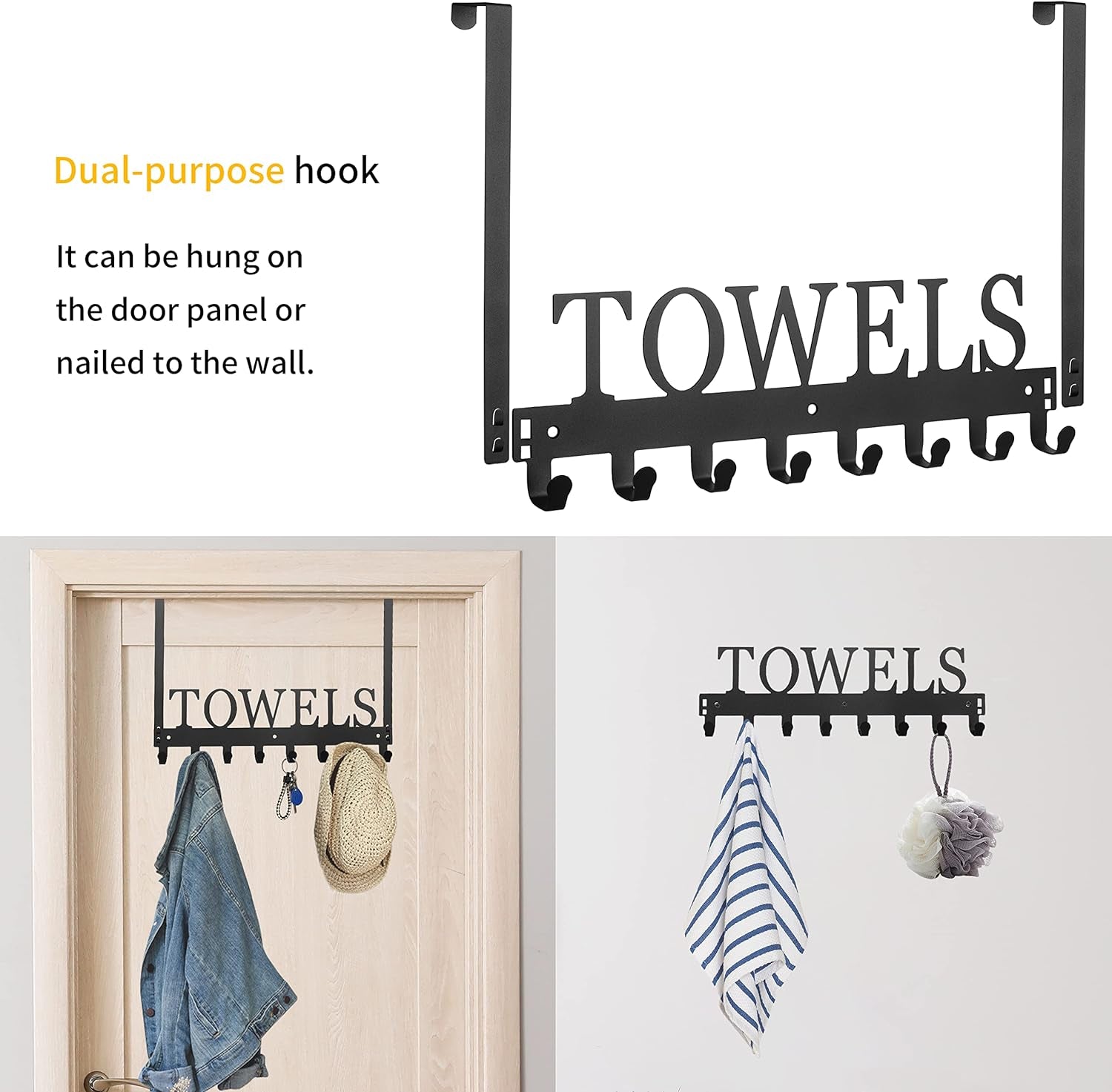 2 Pack Towel Rack Towel Hooks Towel Holder for Bathroom over the Door Hooks Door Mount Towel Hanger Storage Wall Mounted Hooks Organizer for Pool Beach Towels Bathrobe Metal Sandblasted (Black)