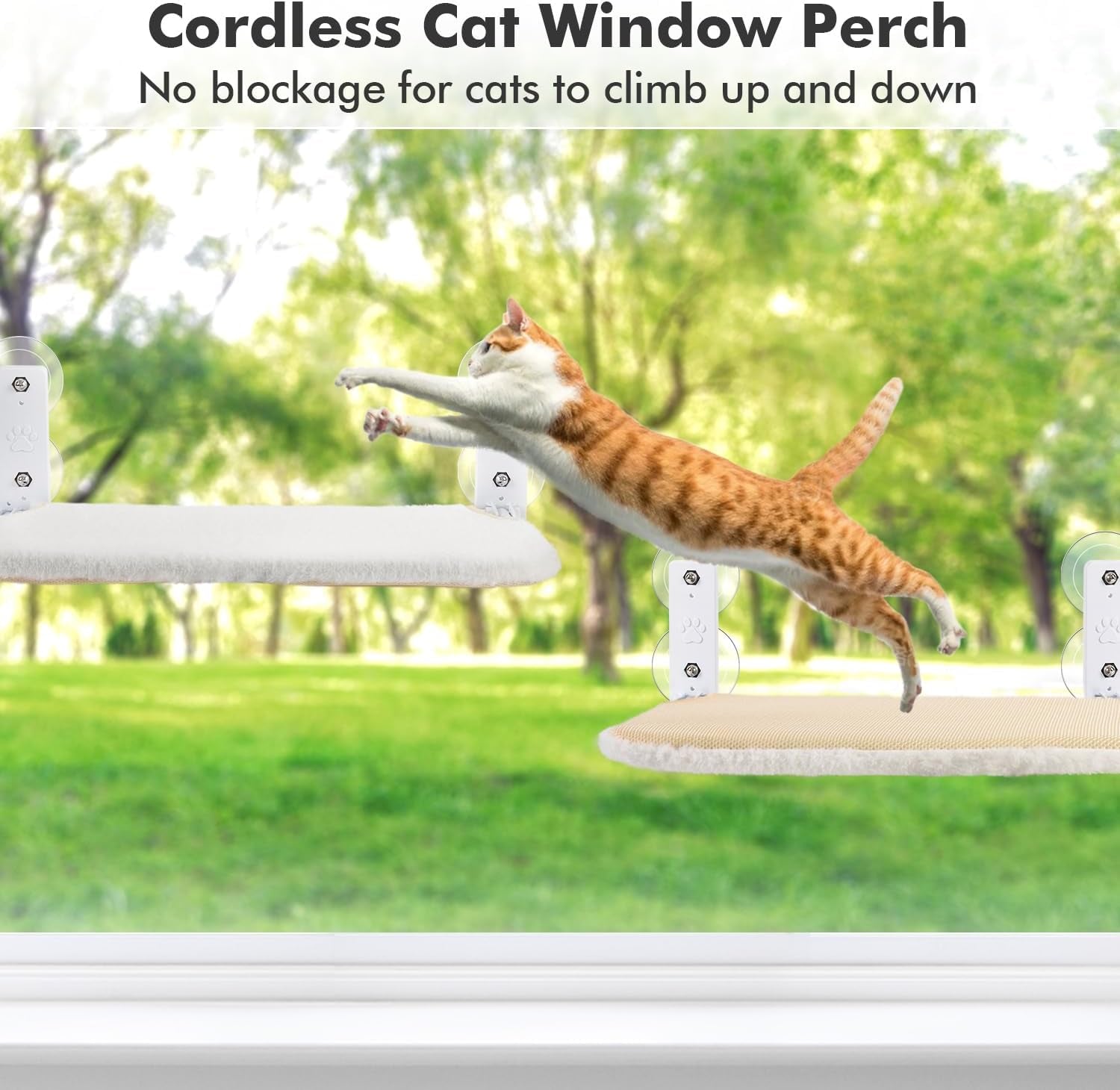 Cordless Cat Window Perch, Cat Hammock for Wall with 4 Strong Suction Cups, Solid Metal Frame and Reversible Cover, Foldable Cat Beds for Indoor Cats (Medium-White)