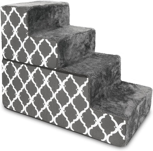 Portable Foldable Foam Pet Stairs/Steps for Couch, Sofa, and High Bed, Non-Slip Bottom Balanced Paw Safe - Gray Lattice Print, Foldable 4-Step (H: 22")