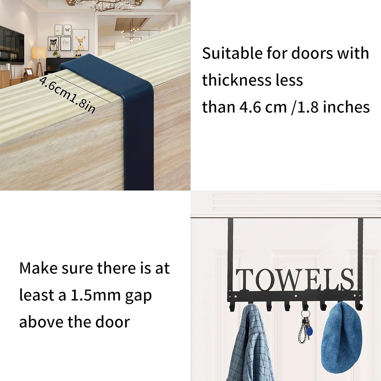 2 Pack Towel Rack Towel Hooks Towel Holder for Bathroom over the Door Hooks Door Mount Towel Hanger Storage Wall Mounted Hooks Organizer for Pool Beach Towels Bathrobe Metal Sandblasted (Black)