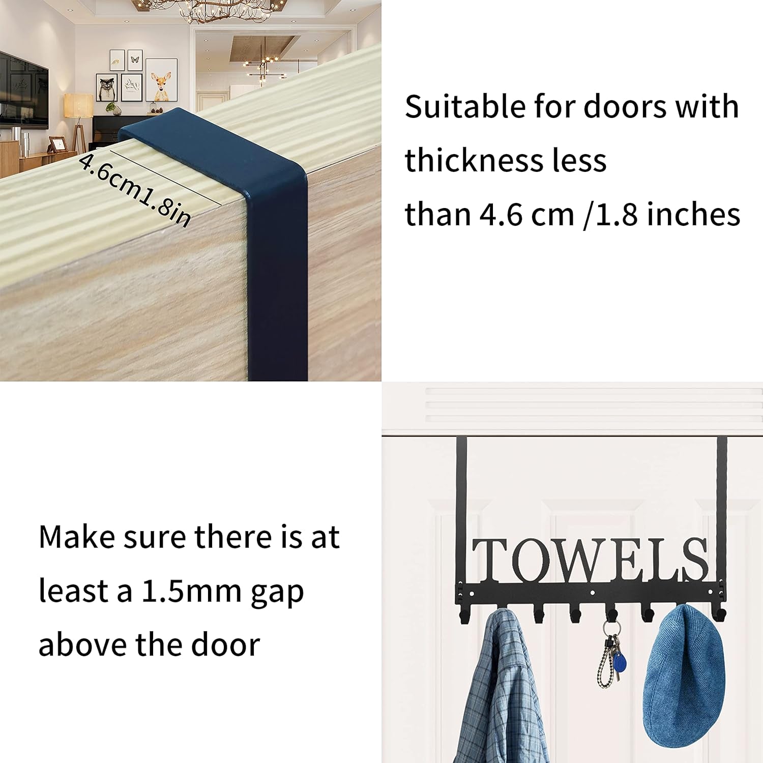 2 Pack Towel Rack Towel Hooks Towel Holder for Bathroom over the Door Hooks Door Mount Towel Hanger Storage Wall Mounted Hooks Organizer for Pool Beach Towels Bathrobe Metal Sandblasted (Black)