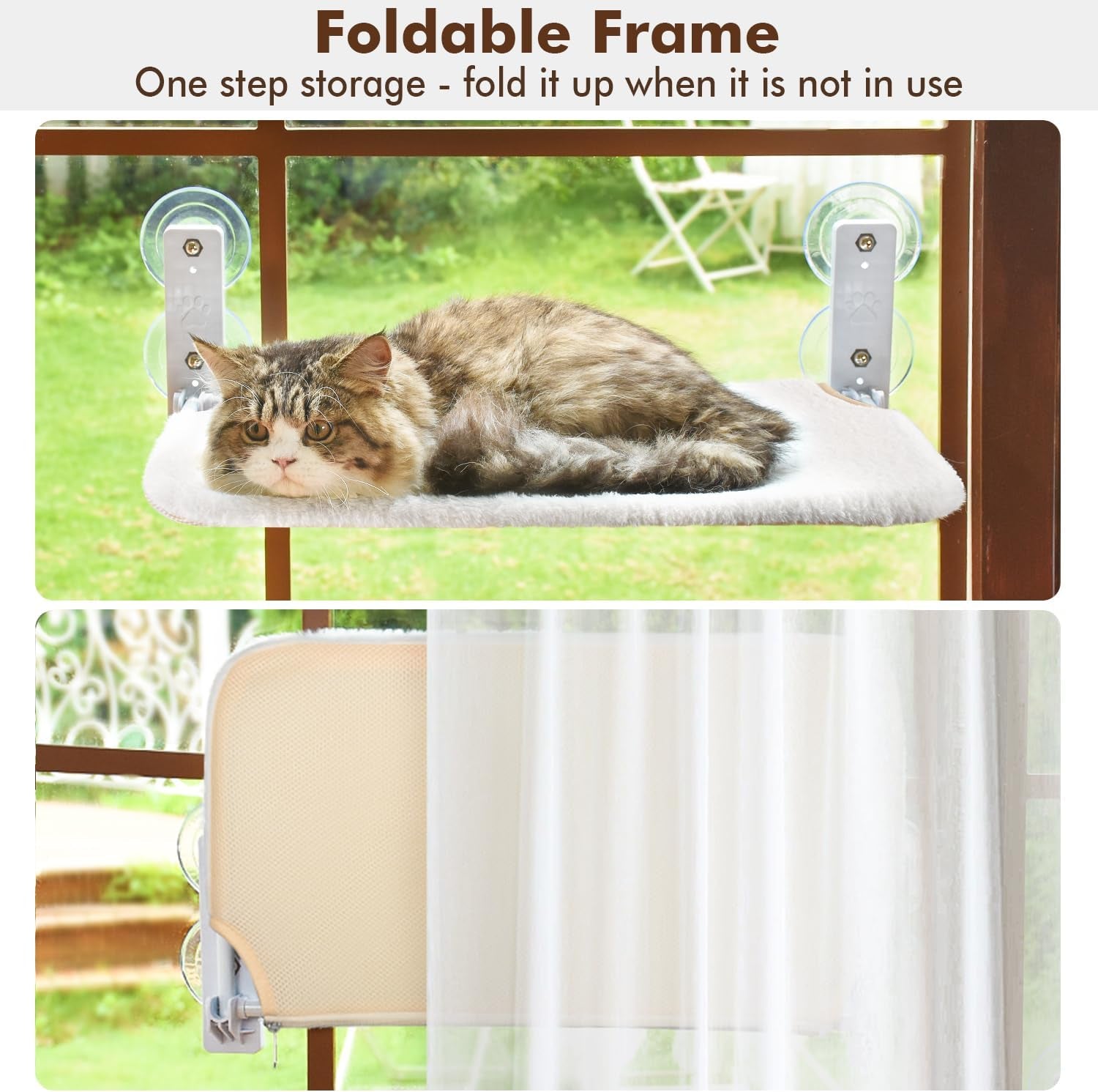 Cordless Cat Window Perch, Cat Hammock for Wall with 4 Strong Suction Cups, Solid Metal Frame and Reversible Cover, Foldable Cat Beds for Indoor Cats (Medium-White)