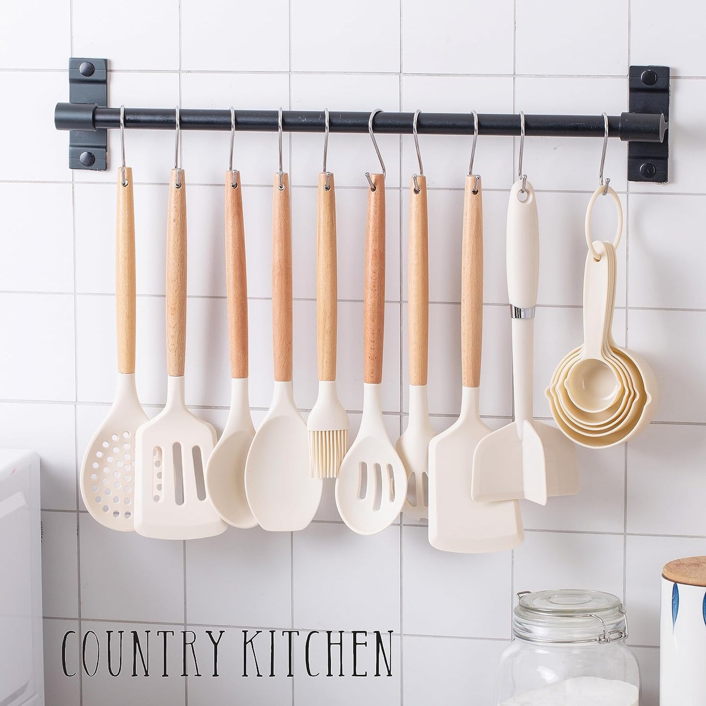 Cooking Utensils Set - 38 Pcs Non-Stick Silicone Spatula Set with Holder, Wooden Handles and Heat Resistant Gadgets Utensil