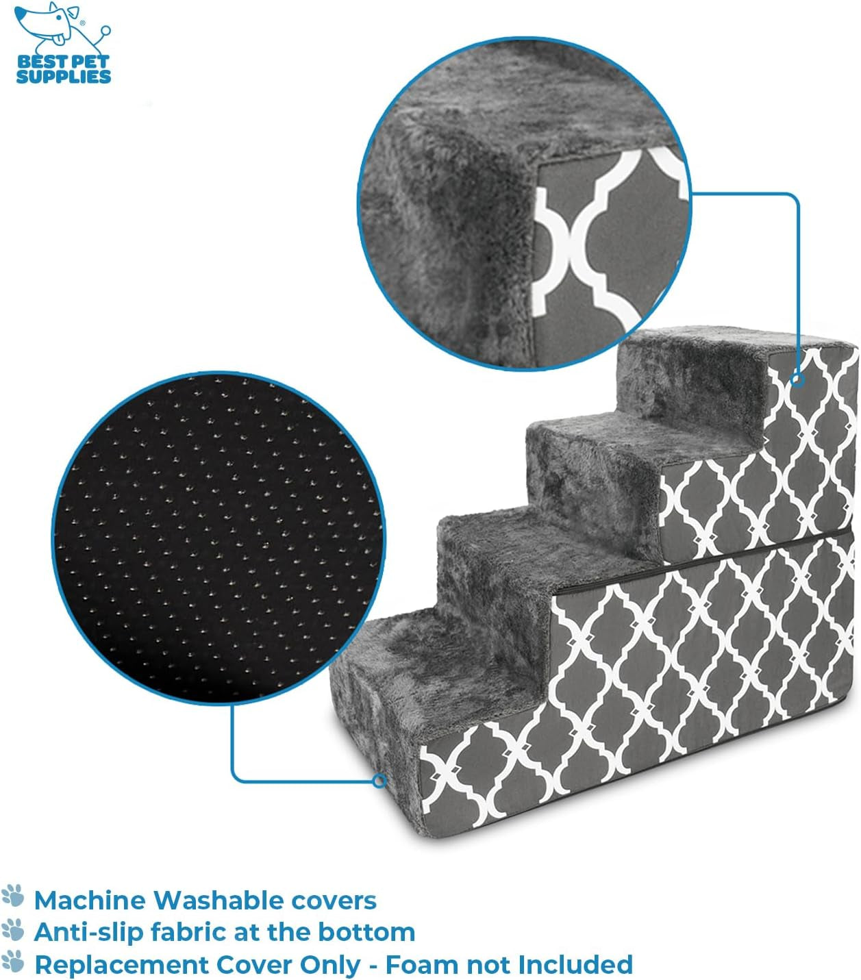 Portable Foldable Foam Pet Stairs/Steps for Couch, Sofa, and High Bed, Non-Slip Bottom Balanced Paw Safe - Gray Lattice Print, Foldable 4-Step (H: 22")