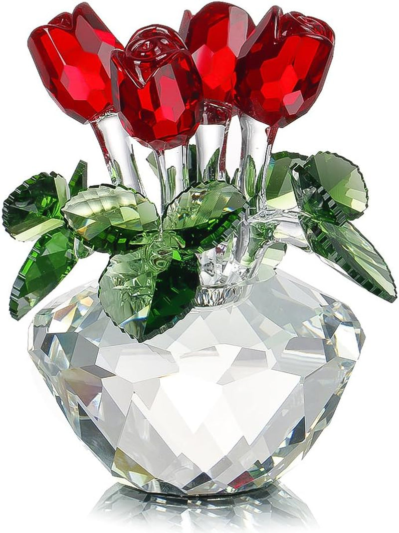 Red Rose Figurine Ornament Spring Bouquet Crystal Glass Flowers Gift-Boxed