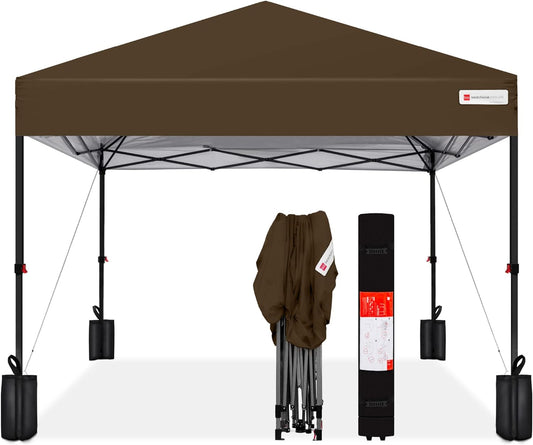 10X10Ft 1-Person Setup Pop up Canopy Tent Instant Portable Shelter W/ 1-Button Push, Case, 4 Weight Bags - Brown