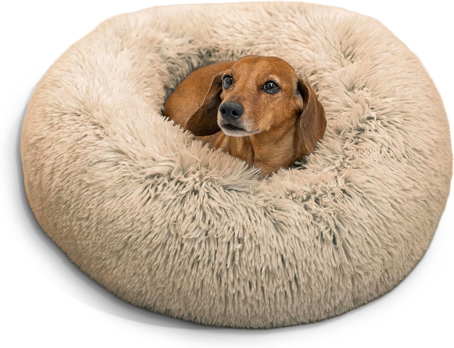 the Original Calming Donut Cat and Dog Bed in Shag Fur Taupe, Small 23"