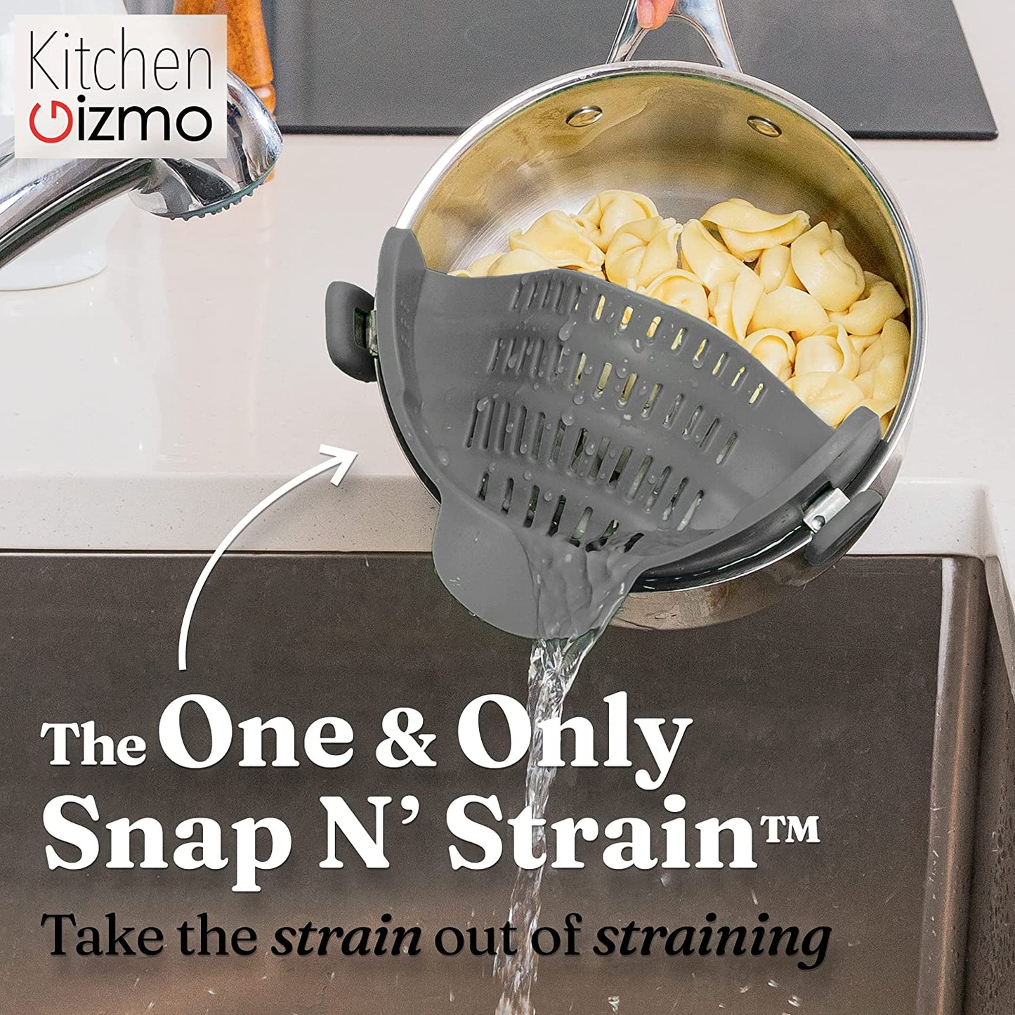 Snap N' Strain - Silicone Clip-On Colander, Heat Resistant Drainer for Vegetables and Pasta Noodles, Kitchen Gadgets for Bowl, Pots, and Pans - Essential Home Cooking Tools - Grey