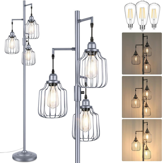 Floor Lamp with 3 LED Edsion Bulbs, Farmhouse Tall Standing Lamp for Living Room, Dimmable Industrial Rustic Grey Tree Bright Vintage Pole Light with Cage Shades for Bedroom Home Decor