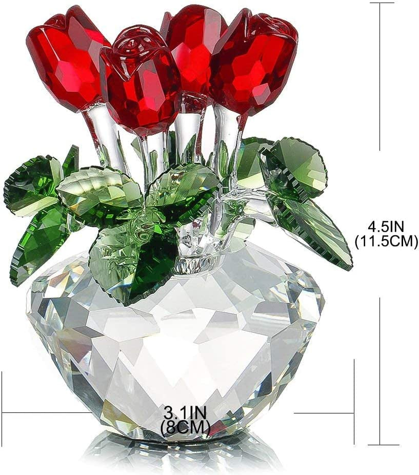 Red Rose Figurine Ornament Spring Bouquet Crystal Glass Flowers Gift-Boxed