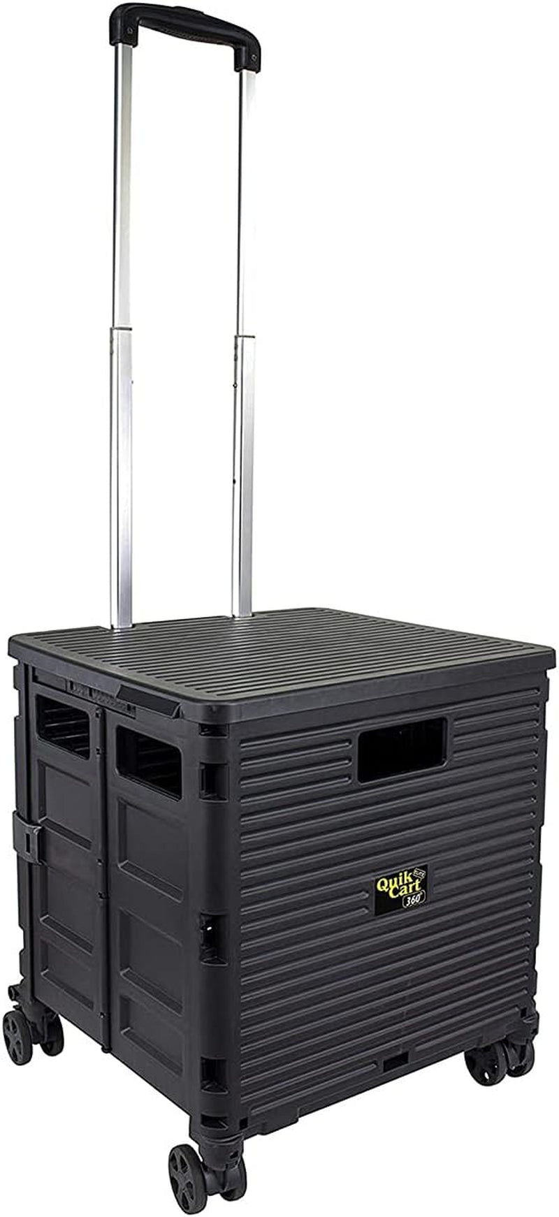 Quik Cart Elite 360 Four Wheeled Rolling Crate Teacher Utility with Seat Heavy Duty Collapsible Basket with Handle, Black