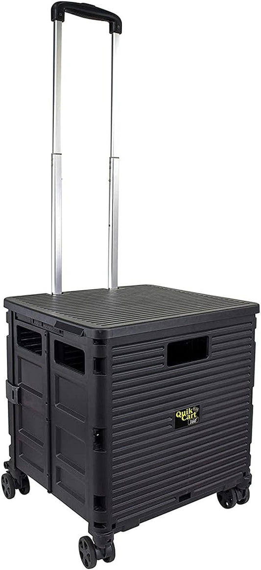 Quik Cart Elite 360 Four Wheeled Rolling Crate Teacher Utility with Seat Heavy Duty Collapsible Basket with Handle, Black