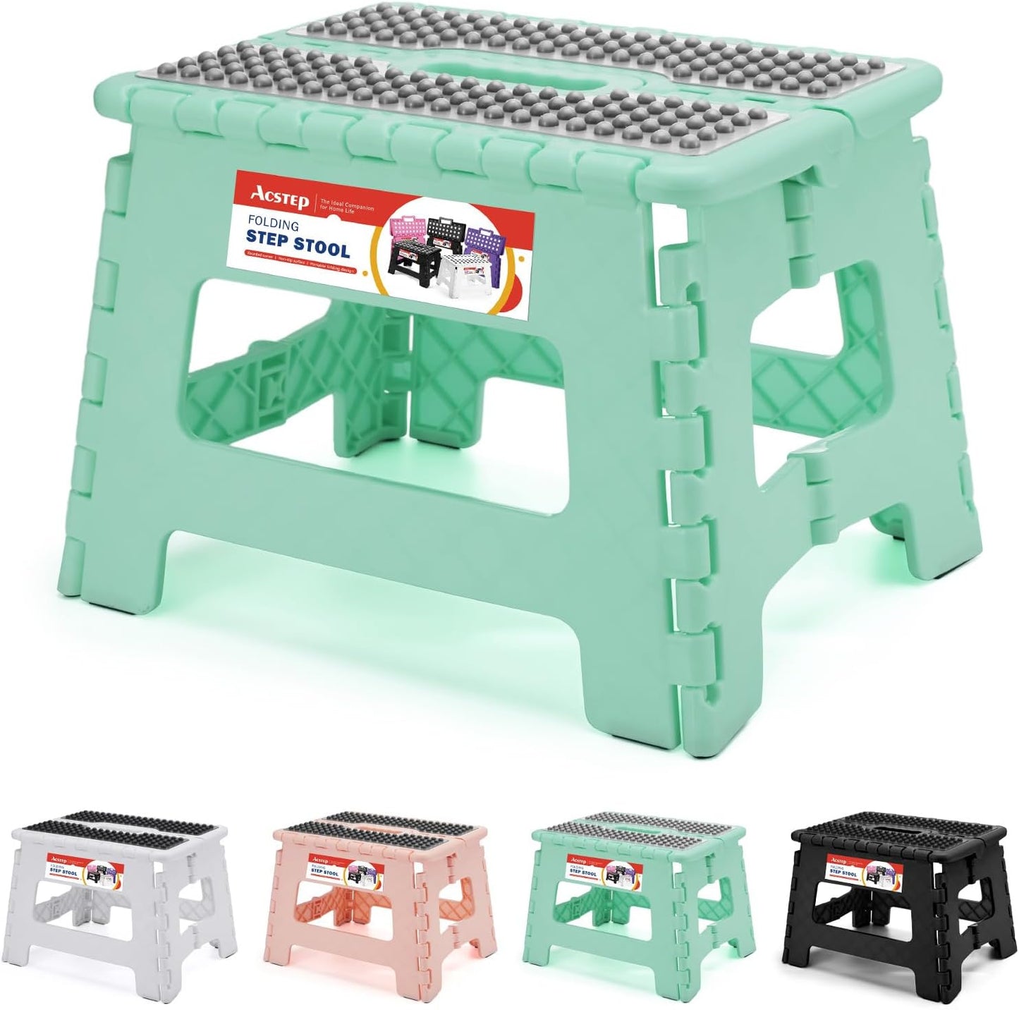 9 Inch Folding Step Stool 300 LB Capacity Non Slip Foot Stool with Handle Plastic Foldable Step Stools for Kids Stepping Stool for Bathroom Black Small Step Stool (1 PC Teal)