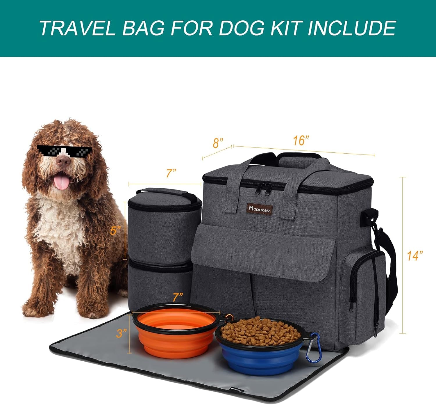 Airline Approved Pet Travel Bag, Weekend Dog Travel Set for Dog and Cat, Airline Approved Tote Organizer with Multi-Function Pockets 2 Food Storage Containers, 2 Collapsible Bowls (Dark Gray)