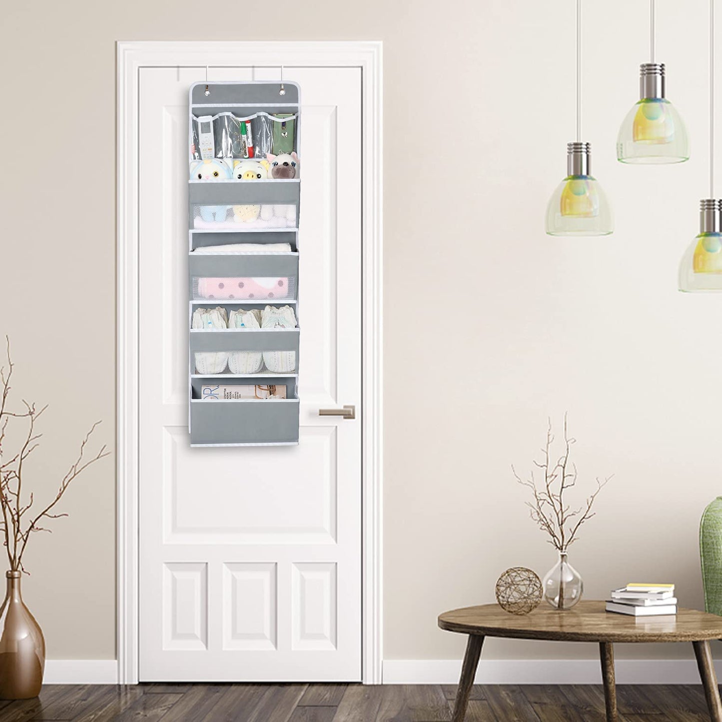 Door Hanging Organizer Nursery Closet Cabinet Baby Storage with 4 Large Pockets and 3 Small PVC Pockets for Cosmetics, Toys and Sundries (Grey)