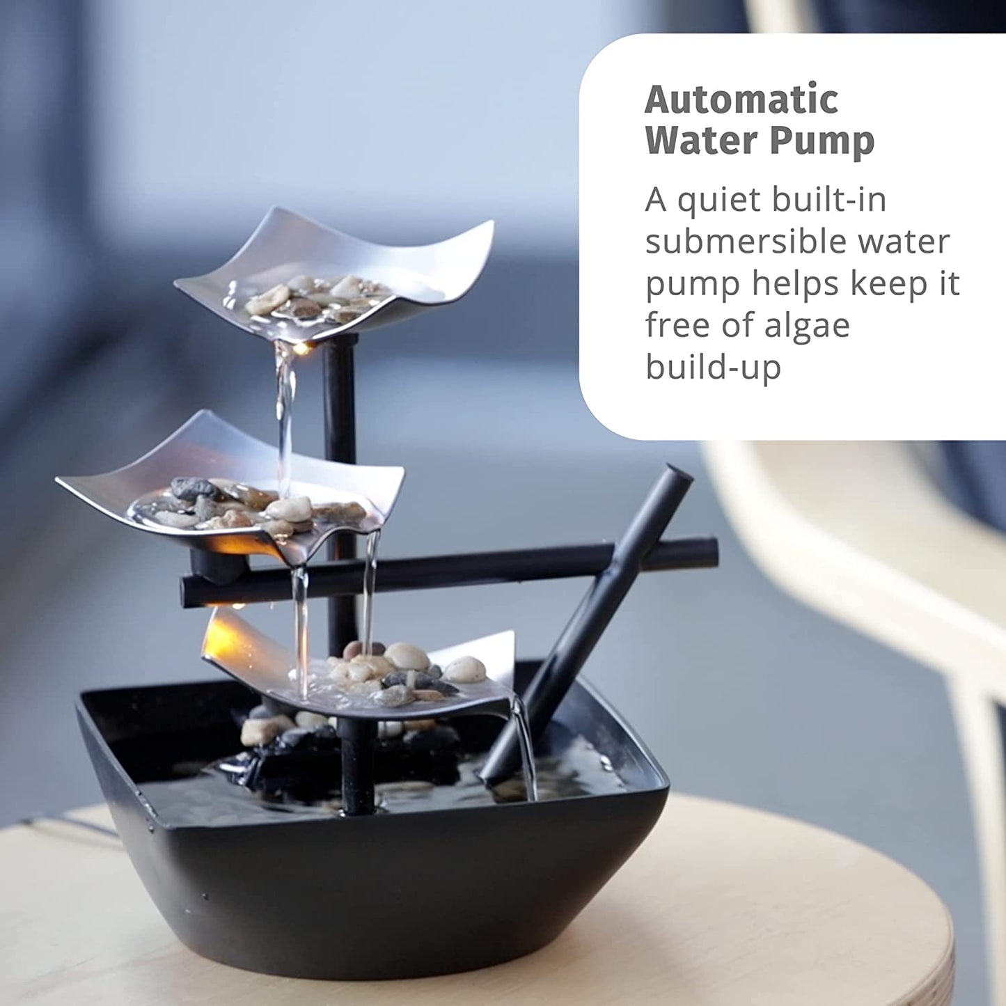 Tabletop Water Fountain, Home Décor Soothing Sound Machine - Automatic Pump, Deep Basin & Natural River Rocks. Indoor Zen Relaxation for Office, Living Room, or Bedroom, 8.25” Tall