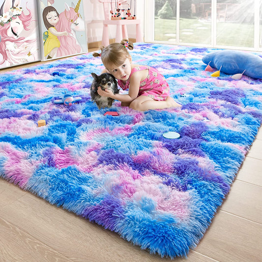 4X6 Fluffy Kids Rugs for Bedroom,Soft Blue and Purple Tie-Dyed Rainbow Rug for Girls Bedroom,Fuzzy Bedroom Carpet,Playroom Colorful Shag Rug,Nursery Toddler Boys Girls Kawaii Room Decor