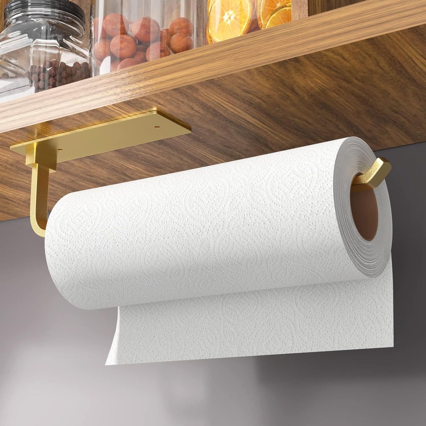 Paper Towel Holder - Self-Adhesive or Drilling, Gold Wall Mounted Paper Towel Rack under Cabinet for Kitchen, Upgraded Aluminum Kitchen Roll Holder - Lighter but Stronger than Stainless Steel!