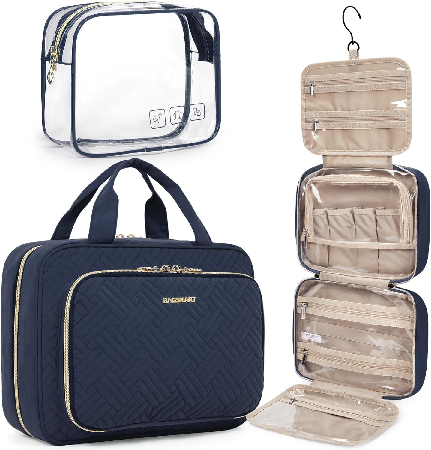 Toiletry Bag Hanging Travel Makeup Organizer with TSA Approved Transparent Cosmetic Bag Makeup Bag for Full Sized Toiletries, Large-Navy