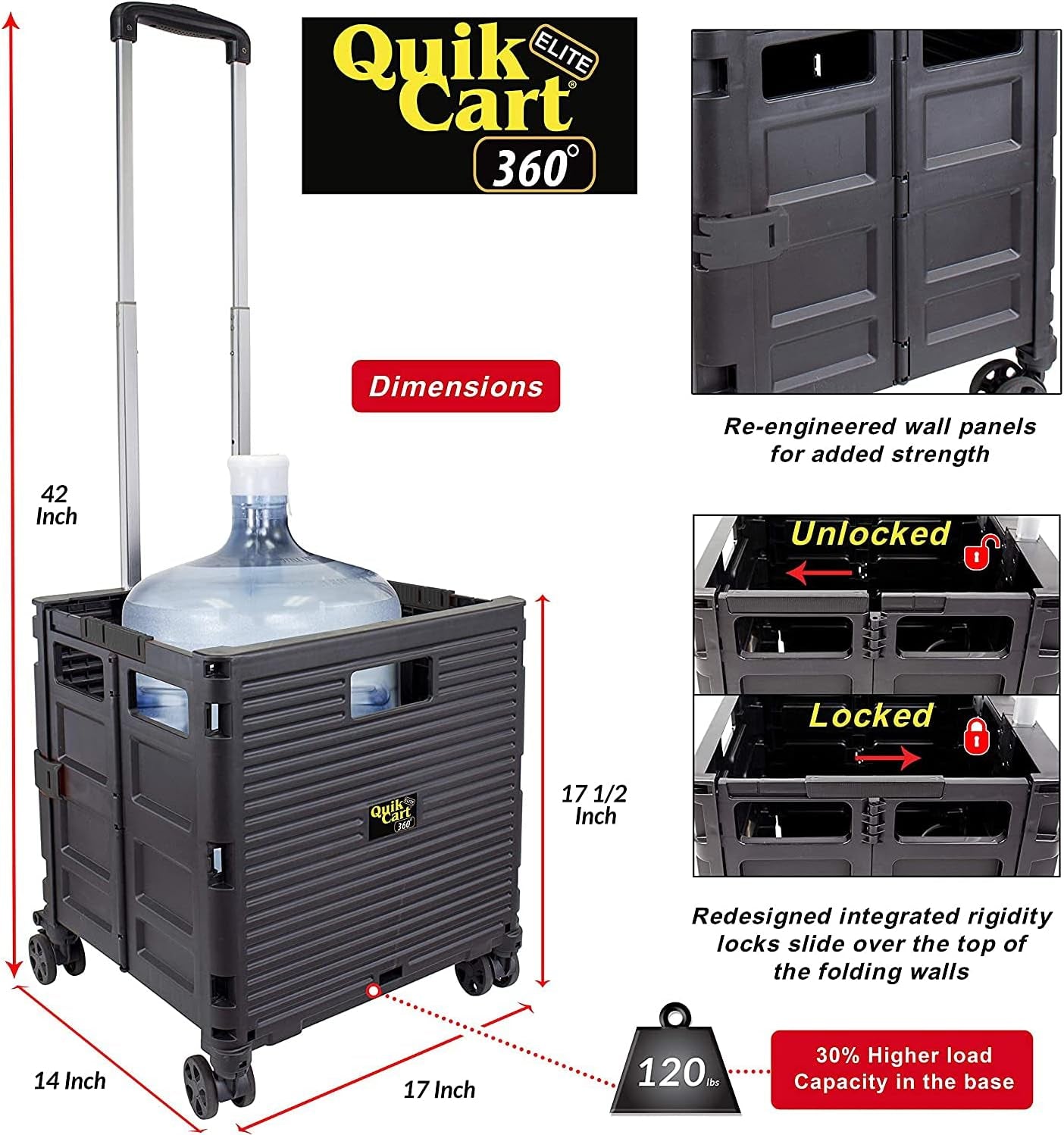 Quik Cart Elite 360 Four Wheeled Rolling Crate Teacher Utility with Seat Heavy Duty Collapsible Basket with Handle, Black