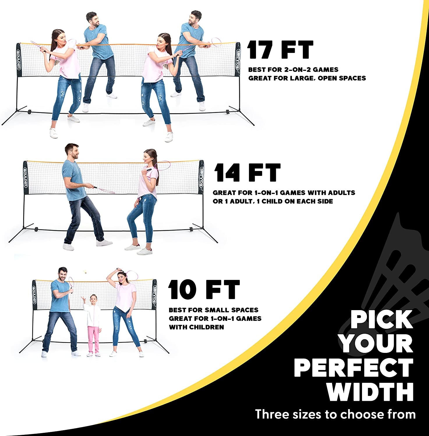 Badminton Pickleball Net - Adjustable Portable Net for Junior Tennis, Kids Volleyball & Soccer, and Backyard Games - Easy Setup Nylon Sports Net with Poles 10 Ft/14Ft/17Ft/22Ft Wide