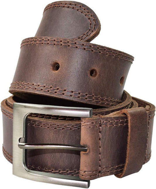 , Men'S Double Row Stitch Full Grain Leather Belt, Western Style, Cowboy Casual Accessory, Handmade