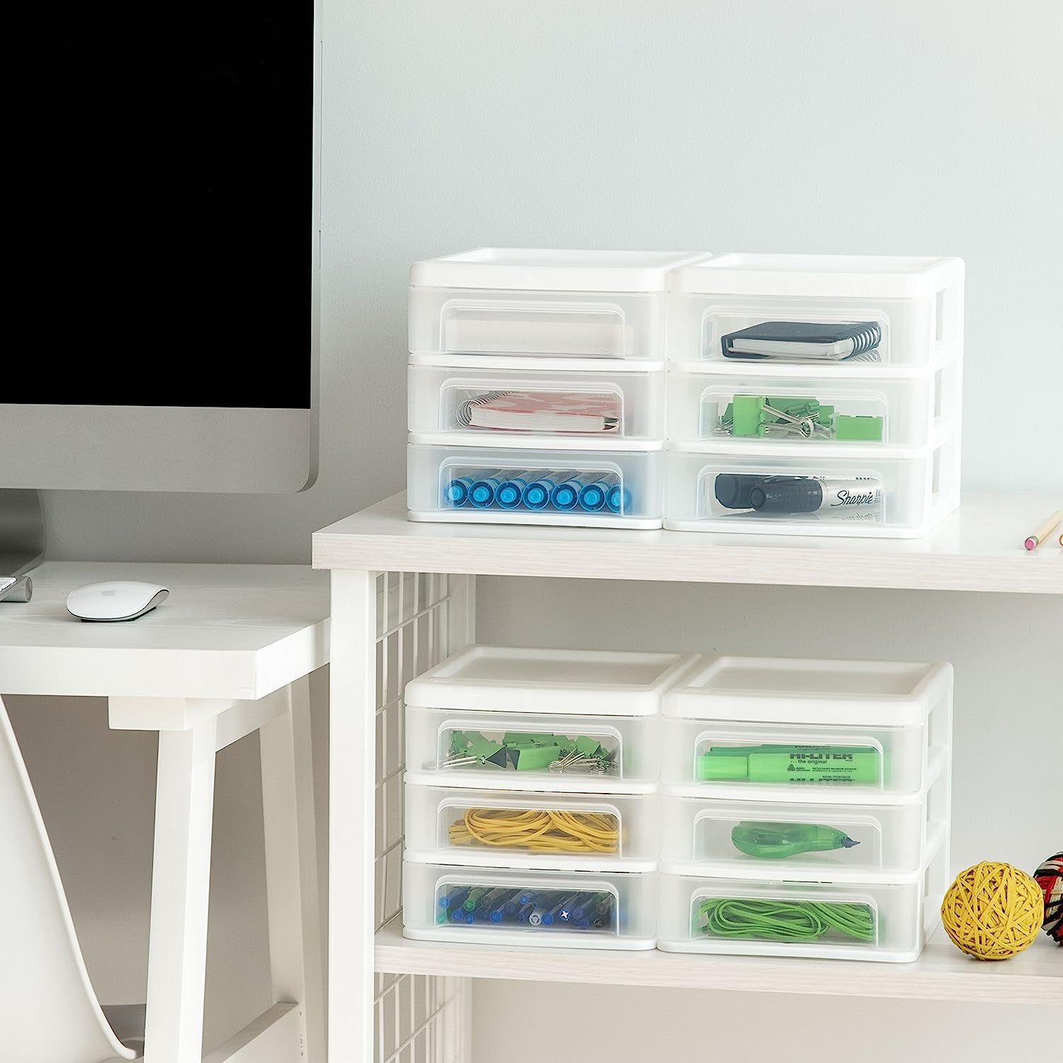 USA Small 3-Drawer Desktop Organizer, 2 Pack, Stackable, for Office, School, Stationary, Makeup Organizer, Bathroom, Utility, Medical Supplies, Desk Organizer, Versatile Storage, White
