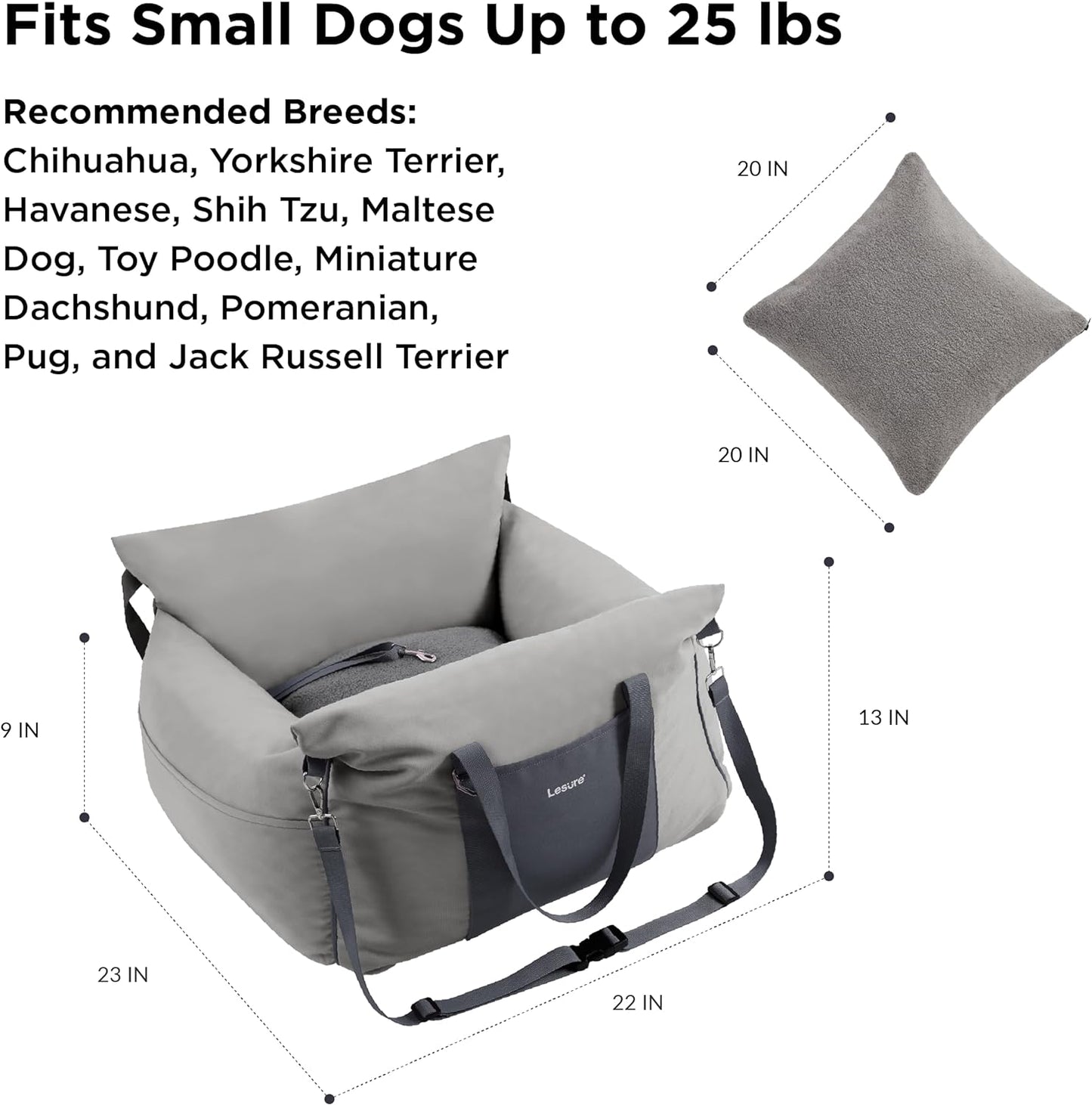Lesure Small Dog Car Seat for Small Dogs - Waterproof Dog Booster Seat for Car with Storage Pockets and Clip-On Safety Leash and Thickened Memory Foam Filling, Pet Carseat Travel Carrier Bed, Grey