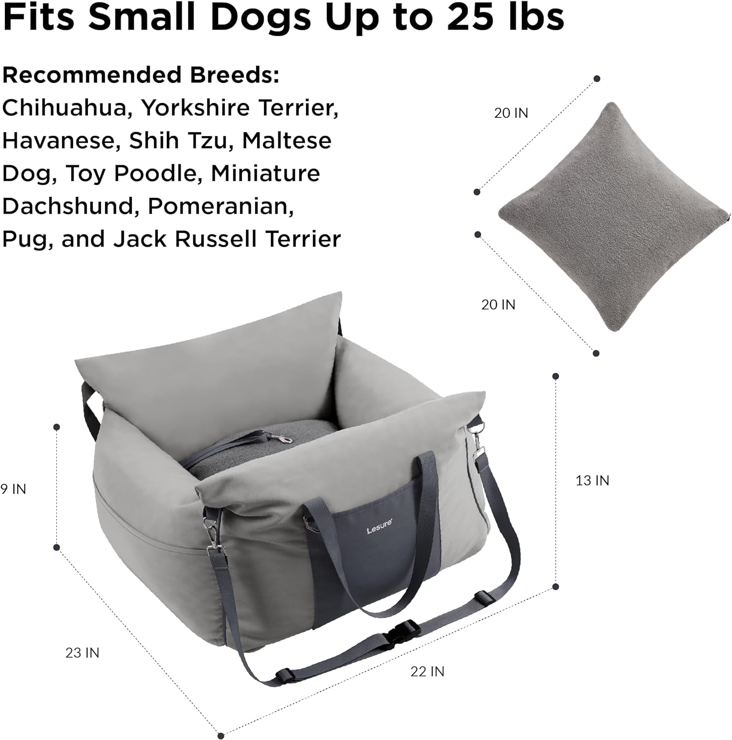 Lesure Small Dog Car Seat for Small Dogs - Waterproof Dog Booster Seat for Car with Storage Pockets and Clip-On Safety Leash and Thickened Memory Foam Filling, Pet Carseat Travel Carrier Bed, Grey