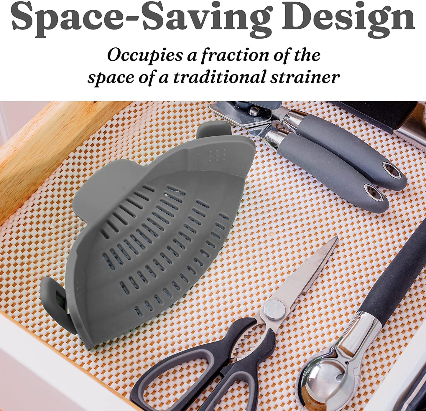 Snap N' Strain - Silicone Clip-On Colander, Heat Resistant Drainer for Vegetables and Pasta Noodles, Kitchen Gadgets for Bowl, Pots, and Pans - Essential Home Cooking Tools - Grey