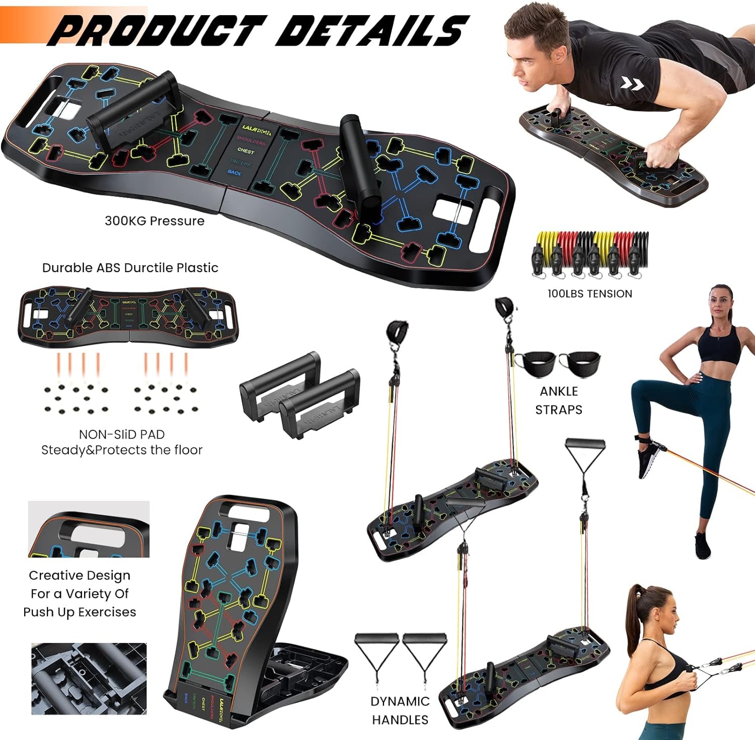 Portable Home Gym System: Large Compact Push up Board, Pilates Bar & 20 Fitness Accessories with Resistance Bands & Ab Roller Wheel - Full Body Workout for Men and Women, Gift for Boyfriend