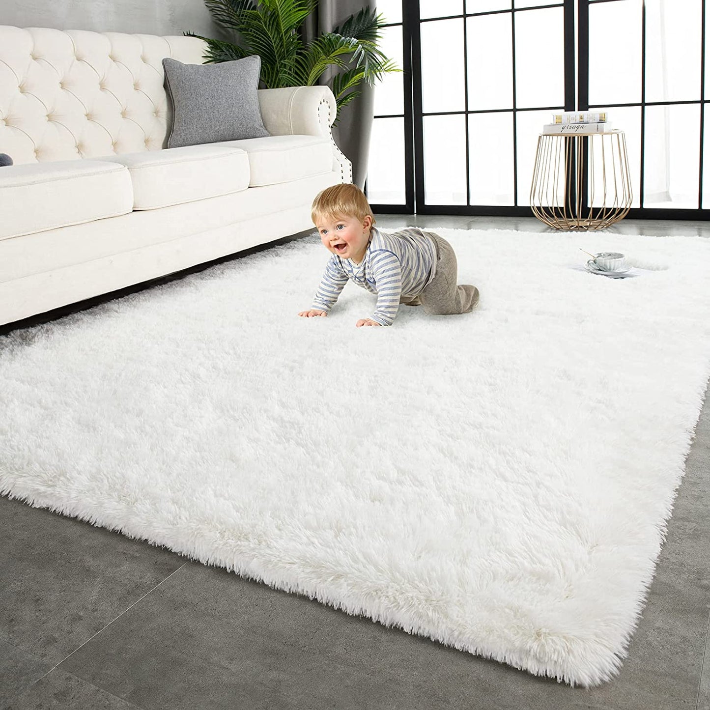 Super Soft Shaggy Rugs Fluffy Carpets 4X5.9 Feet, Indoor Modern Plush Area Rugs for Living Room Bedroom Kids Room Nursery Home Decor, Upgrade Anti-Skid Fuzzy Rug, Cream White