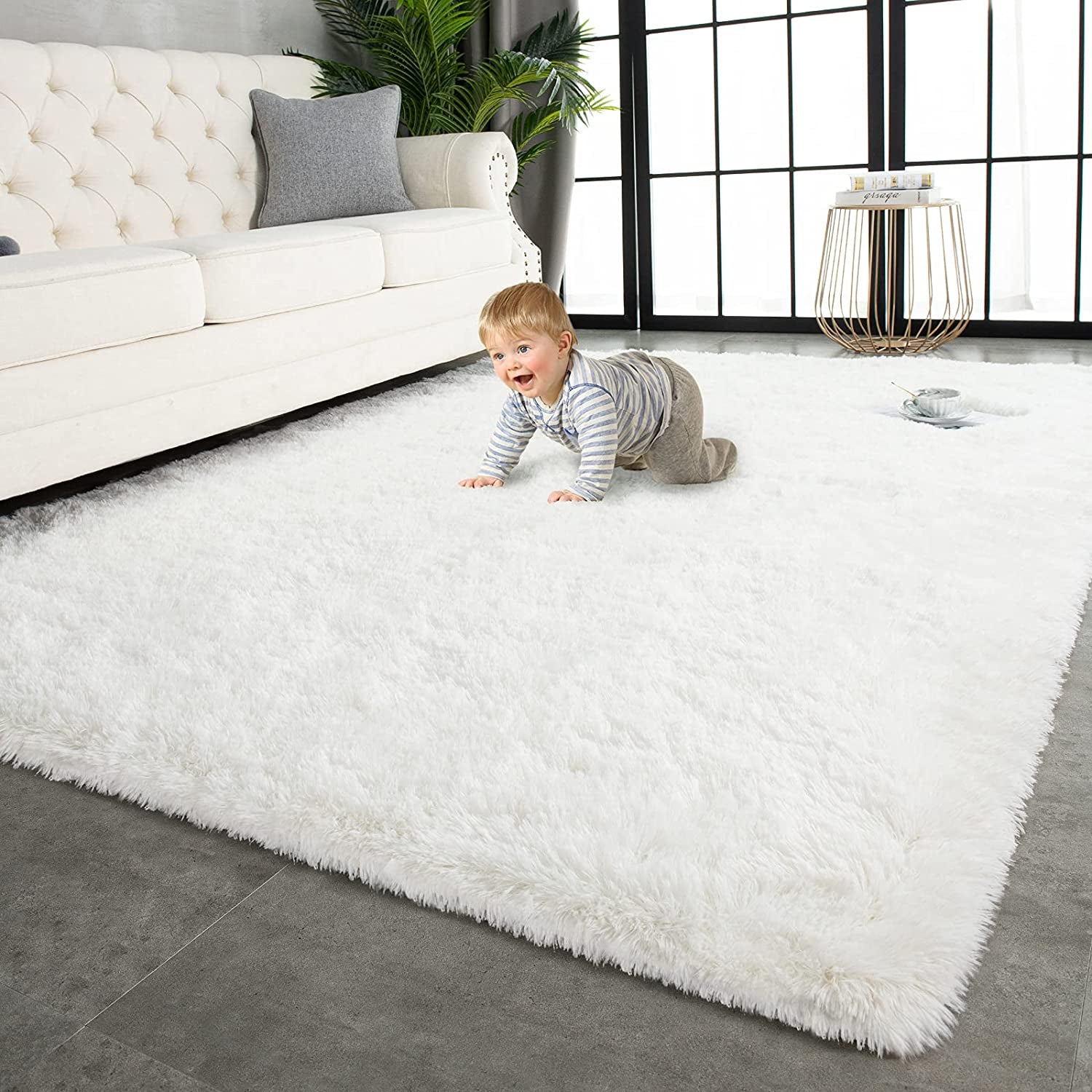 Super Soft Shaggy Rugs Fluffy Carpets 4X5.9 Feet, Indoor Modern Plush Area Rugs for Living Room Bedroom Kids Room Nursery Home Decor, Upgrade Anti-Skid Fuzzy Rug, Cream White