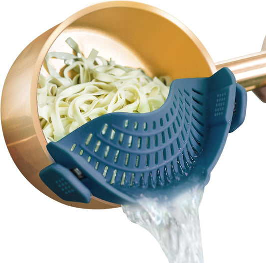 Clip on Strainer Silicone for All Pots and Pans, Pasta Strainer Clip on Food Strainer for Meat Vegetables Fruit Silicone Kitchen Colander (Fog Blue)
