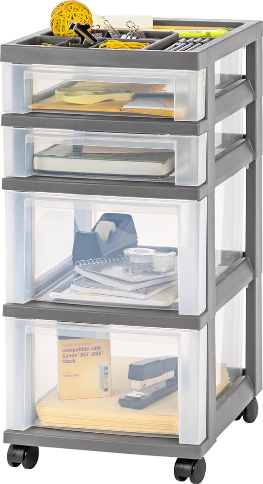 USA Craft Plastic Organizers and Storage, Rolling Storage Cart for Classroom Supplies, Storage Organizer for Art Supplies, Drawer Top Organizer for Small Parts, 4 Drawers, Gray/Clear