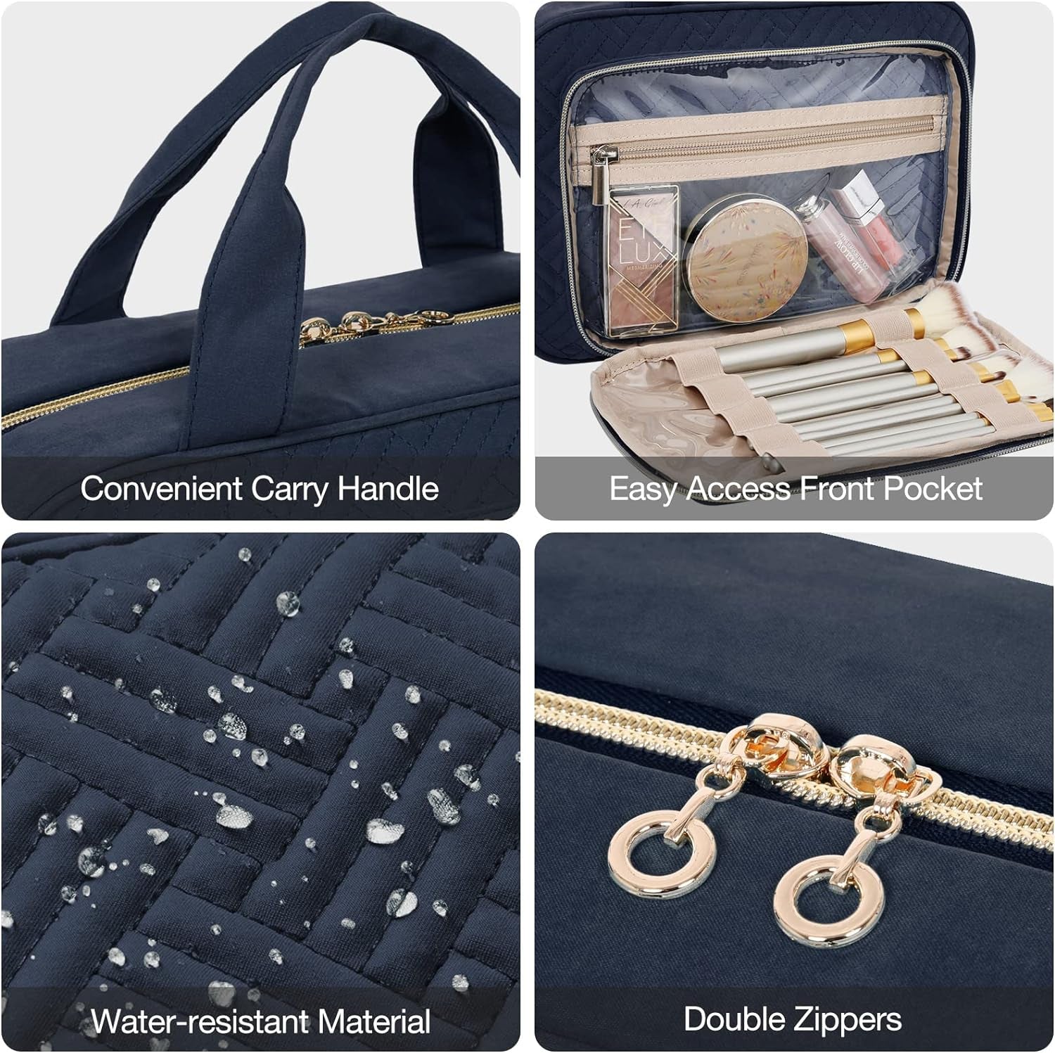 Toiletry Bag Hanging Travel Makeup Organizer with TSA Approved Transparent Cosmetic Bag Makeup Bag for Full Sized Toiletries, Large-Navy