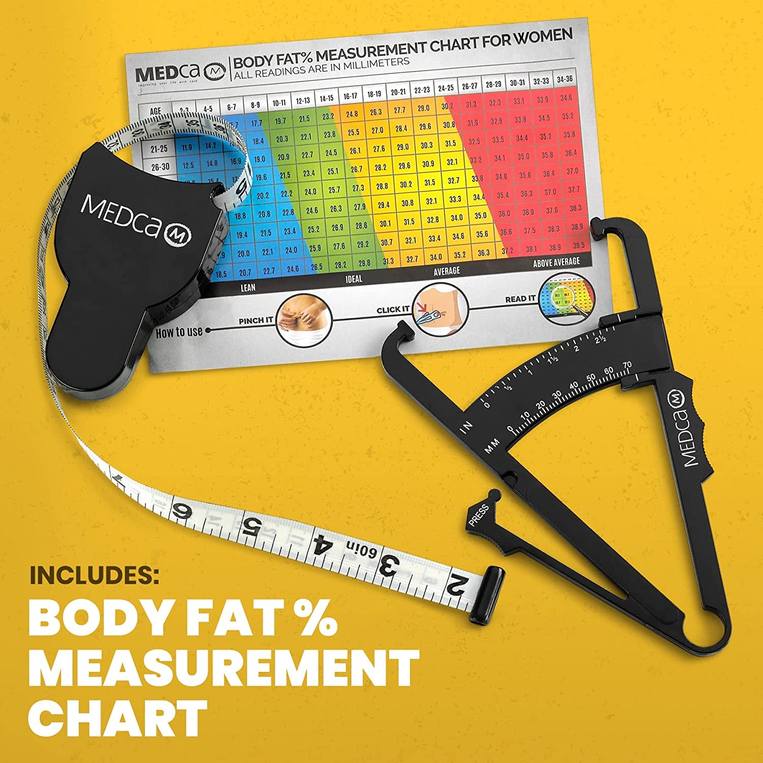 Body Fat Caliper and Measuring Tape for Body - Skinfold Calipers and Body Fat Tape Measure Tool for Accurately Measuring BMI Skin Fold Fitness and Weight-Loss, (Black)