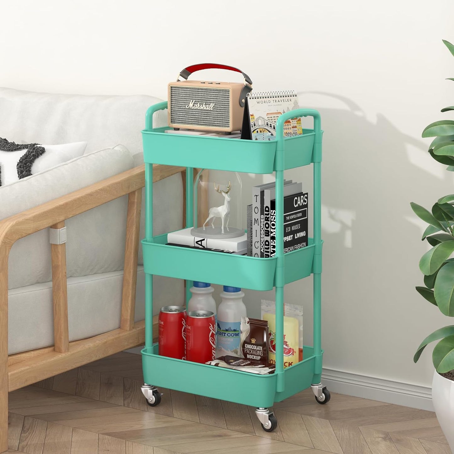 3-Tier Plastic Rolling Utility Cart with Handle, Multi-Functional Storage Trolley for Office, Living Room, Kitchen, Movable Storage Organizer with Wheels, Green